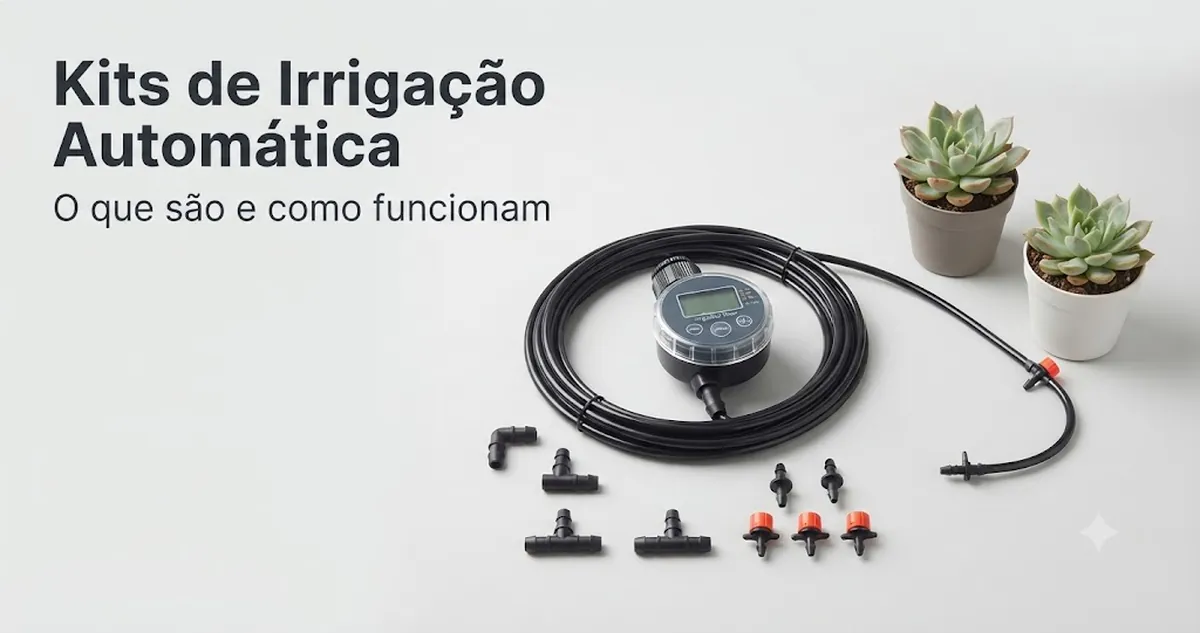Kit básico de irrigação automática com temporizador, mangueiras, conectores e saídas de gotejamento para plantas