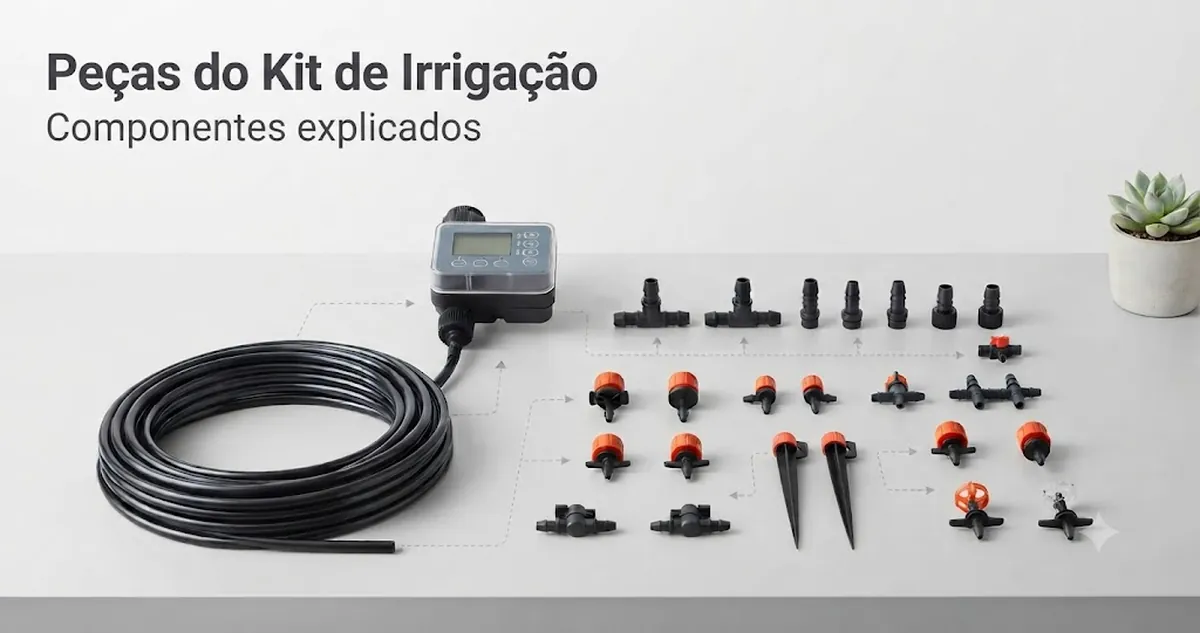 Peças de um kit de irrigação automática, incluindo mangueiras, gotejadores, conectores, válvulas e partes do temporizador