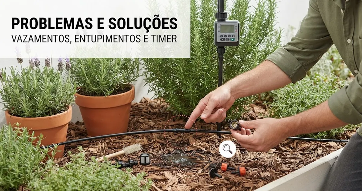 Cena de solução de problemas em kit de irrigação automática com mangueira vazando, gotejadores entupidos e controles do temporizador
