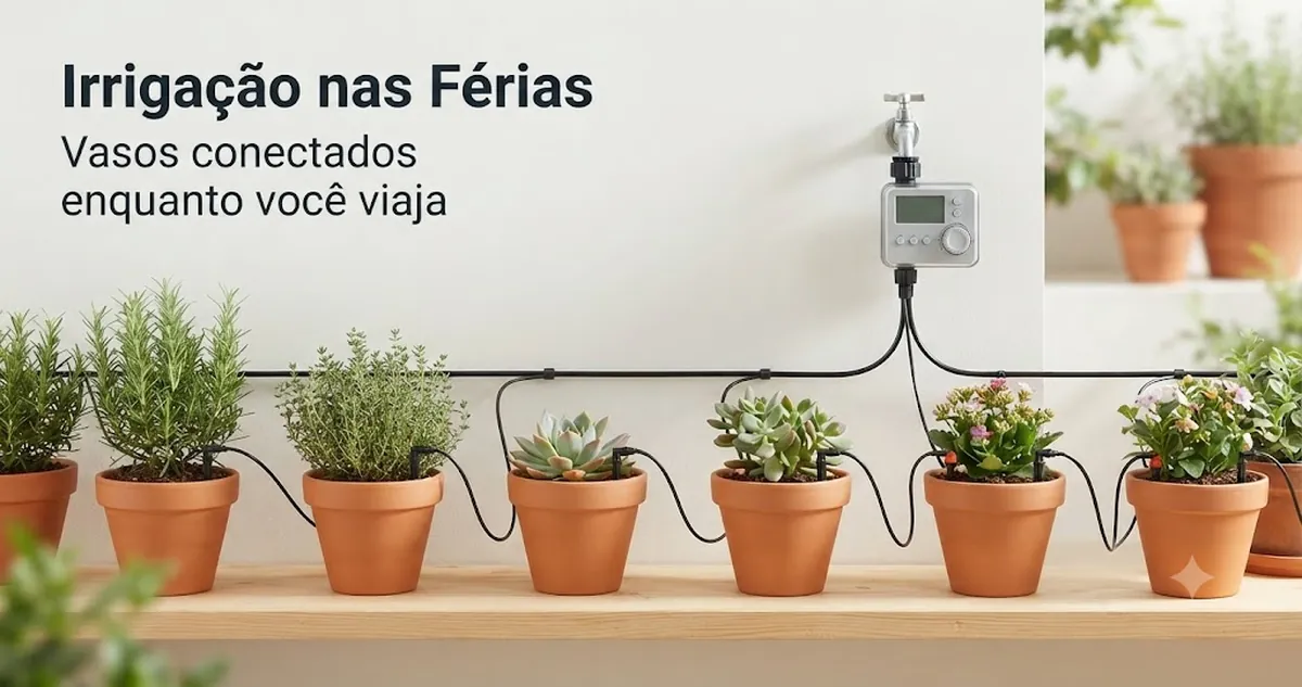 Kit de irrigação automática conectado a plantas em vasos para rega sem supervisão durante as férias