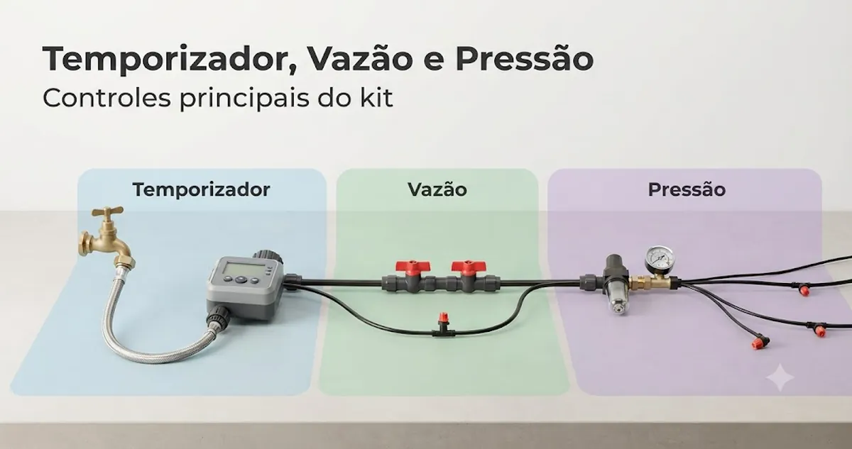 Temporizador de kit de irrigação automática conectado a mangueiras com controles de vazão e peças ligadas à pressão