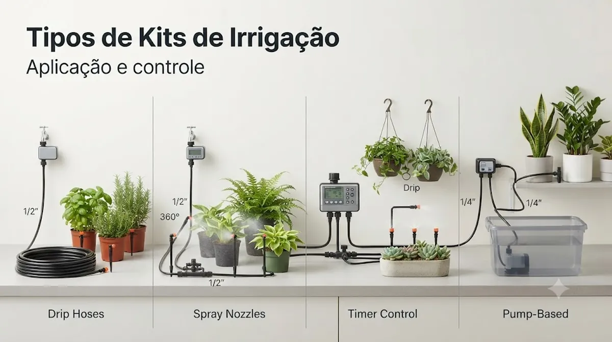 Tipos de kits de irrigação automática com mangueiras de gotejamento, bicos de pulverização, temporizador e sistemas com bomba