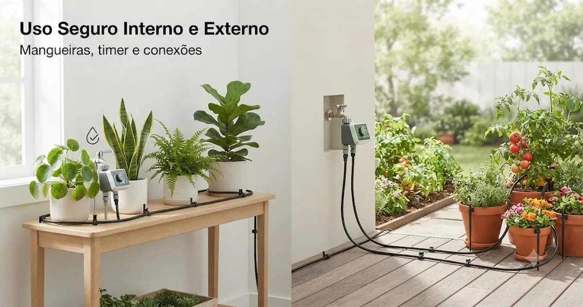 Kit de irrigação automática usado com segurança em áreas internas e externas com mangueiras, temporizador e conexões de plantas bem fixados