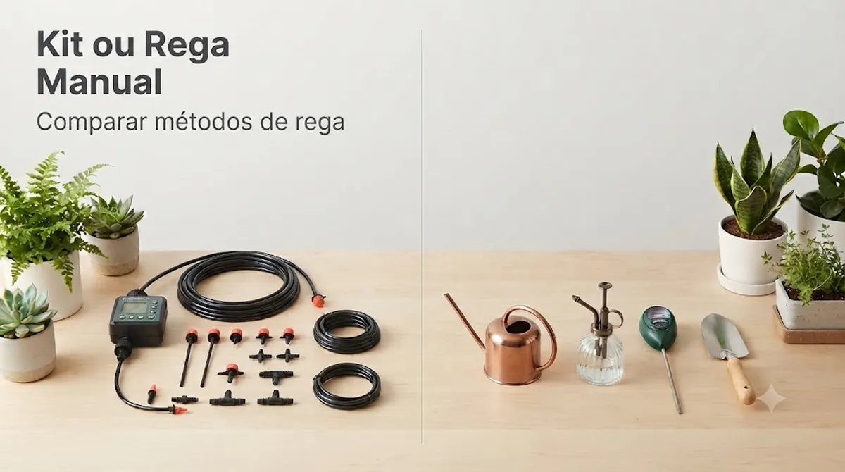 Instalação de kit de irrigação automática comparada com ferramentas de rega manual para decidir como regar plantas