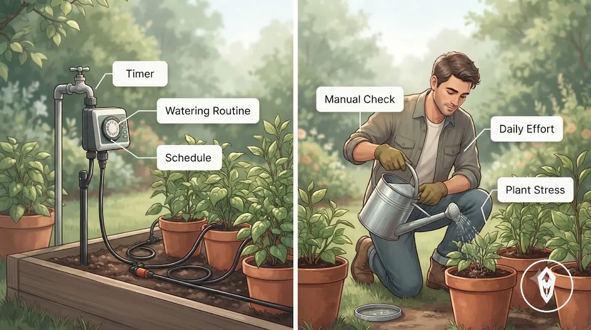 Otomatik sulama kiti ve elle sulama karşılaştırması, rutin çaba ve bitki bakım programını gösteriyor