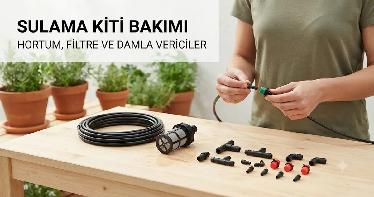 Hortum, bağlantılar, filtre ve damla vericiler kontrol edilirken otomatik sulama kiti bakımı