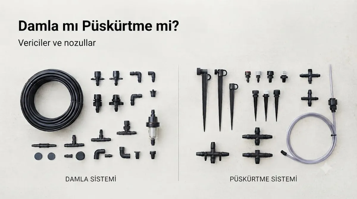 Damla vericiler ve püskürtme nozullarıyla yan yana gösterilen damla ve püskürtme otomatik sulama kiti parçaları