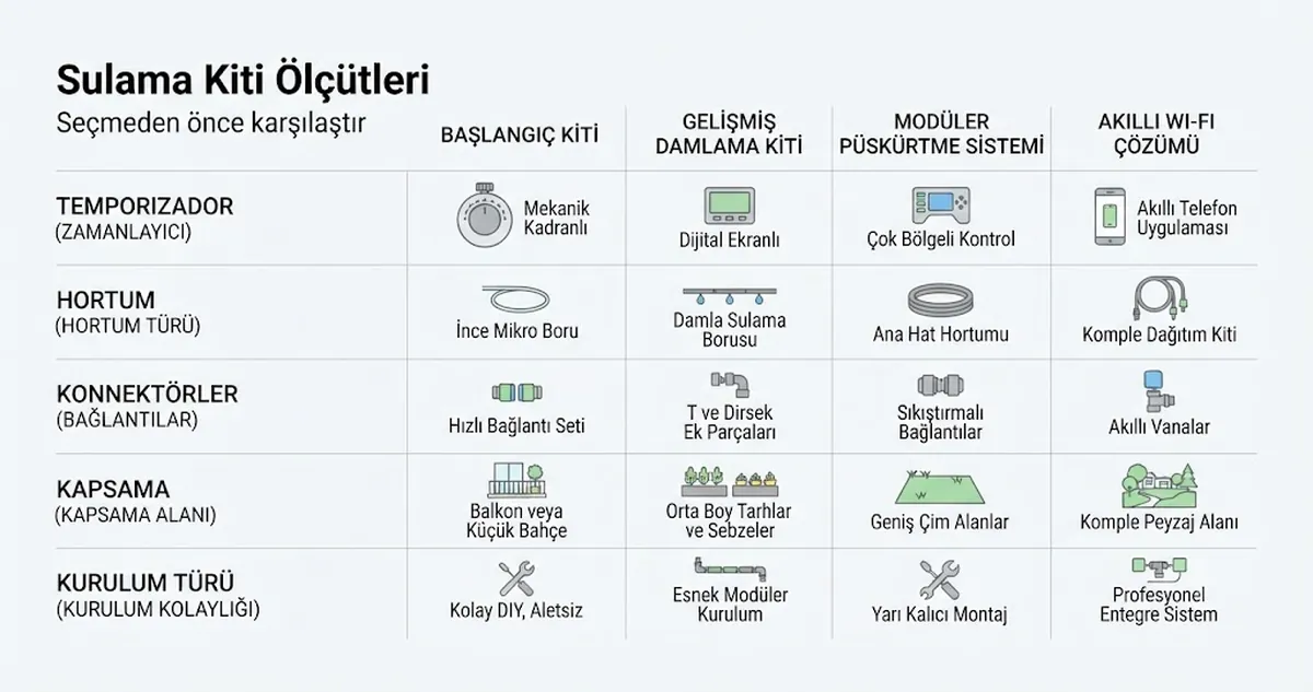 Zamanlayıcı, hortum, bağlantılar, kapsama ve bitki kurulum ölçütlerine göre düzenlenmiş otomatik sulama kiti seçenekleri