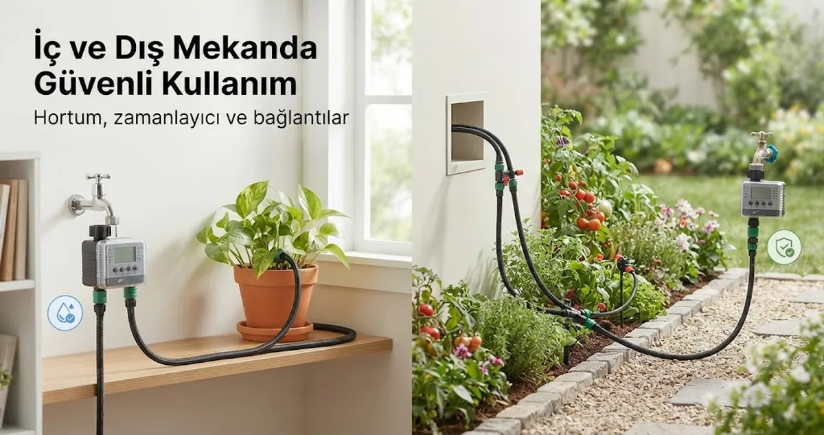 Sağlam hortum, zamanlayıcı ve bitki bağlantılarıyla iç ve dış mekanda güvenli kullanılan otomatik sulama kiti