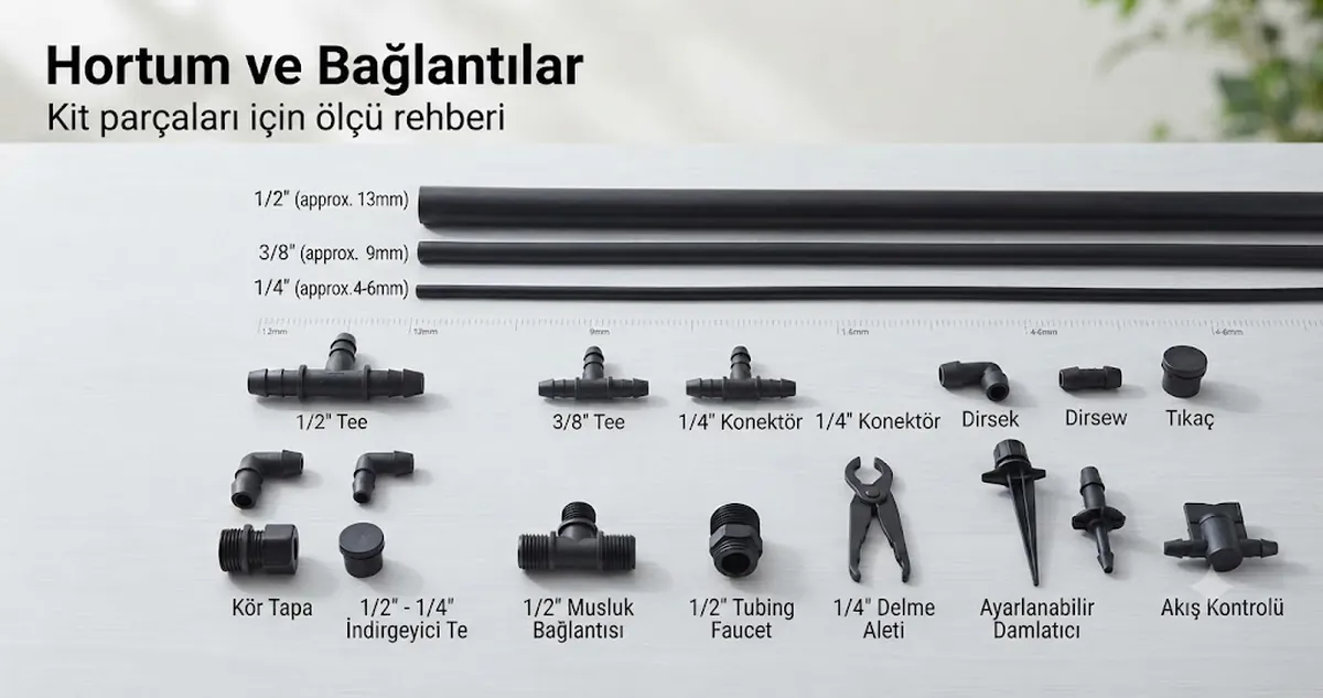 Boyut karşılaştırması için yerleştirilmiş otomatik sulama kiti hortumu, geçmeli bağlantılar, ayırıcılar ve bağlantı parçaları