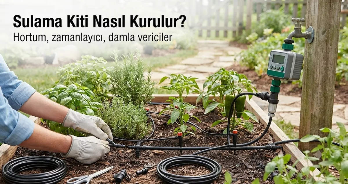 Hortum bağlantıları, zamanlayıcı konumu ve bitkilere yakın damla vericilerle otomatik sulama kiti kurulumu