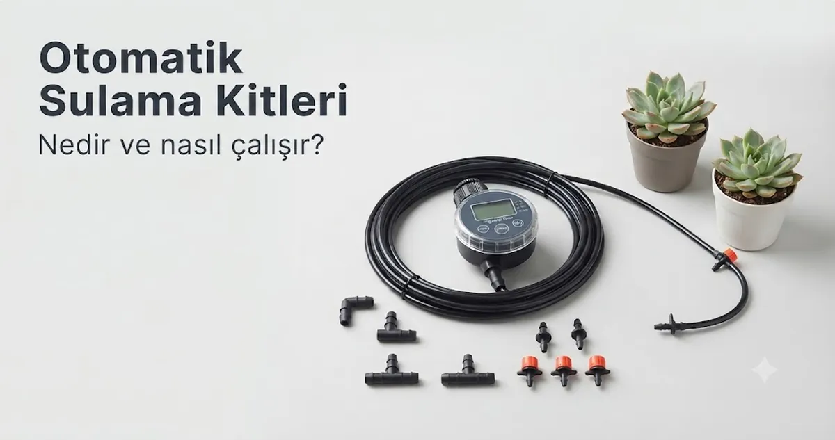 Bitkiler için zamanlayıcı, hortum, bağlantılar ve damla çıkışları gösteren temel otomatik sulama kiti