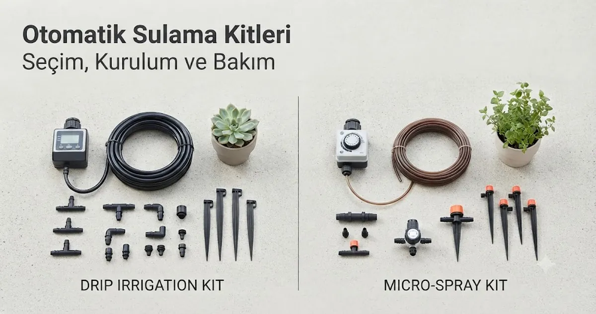Karşılaştırma için yerleştirilmiş hortum, zamanlayıcı, bağlantılar ve bitki sulama parçaları bulunan otomatik sulama kiti