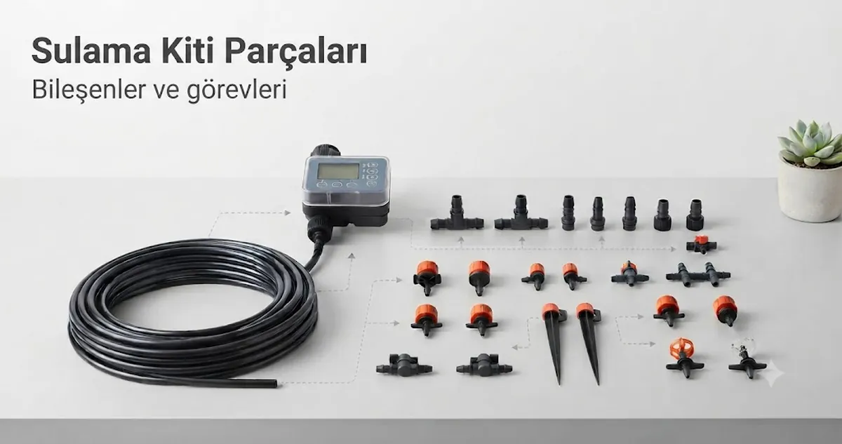 Hortum, damla vericiler, bağlantılar, vanalar ve zamanlayıcı parçaları dahil otomatik sulama kiti bileşenleri
