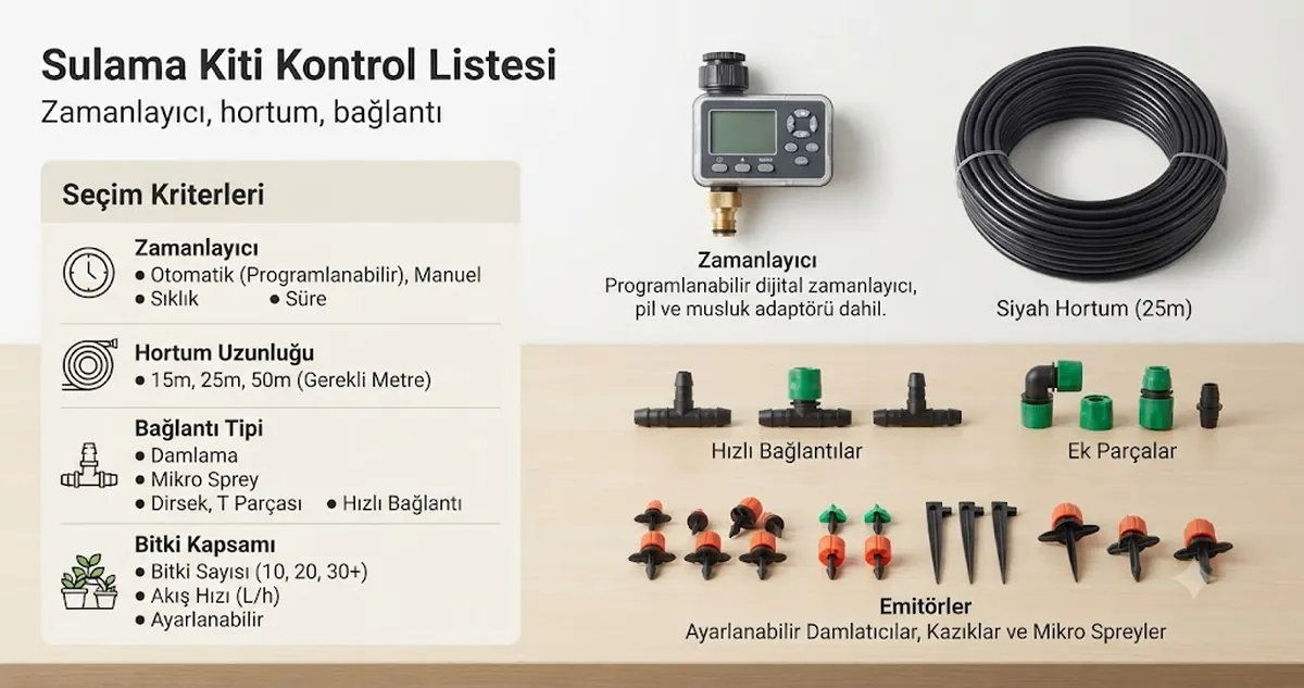 Zamanlayıcı, hortum uzunluğu, bağlantı türü ve bitki kapsama ölçütleriyle otomatik sulama kiti seçim listesi