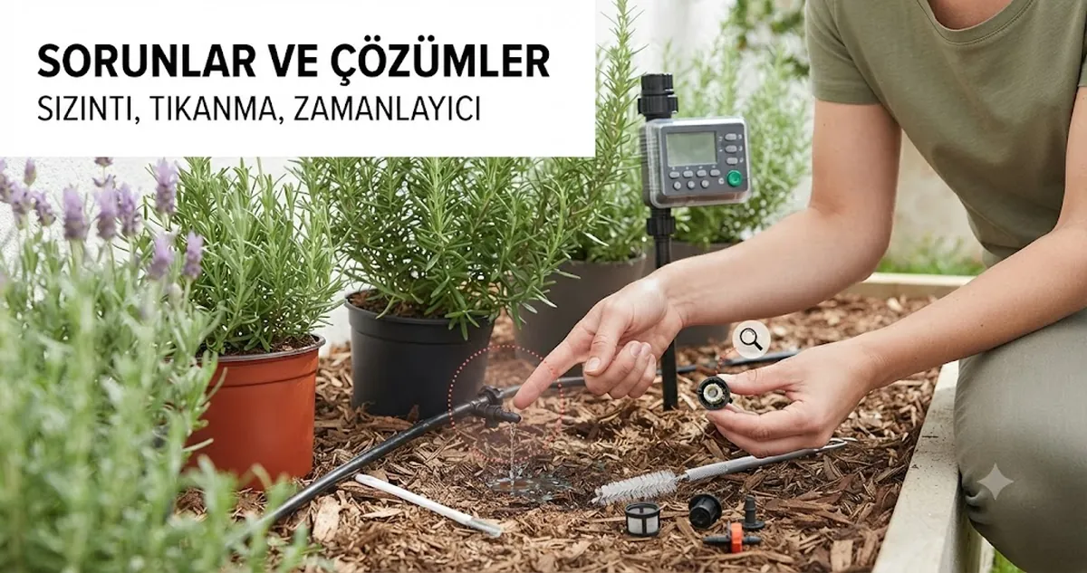 Sızıntı yapan hortum, tıkalı damla vericiler ve zamanlayıcı kontrolleriyle otomatik sulama kiti sorun giderme görünümü