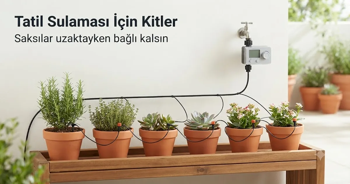 Tatilde gözetimsiz sulama için saksı bitkilerine bağlanmış otomatik sulama kiti