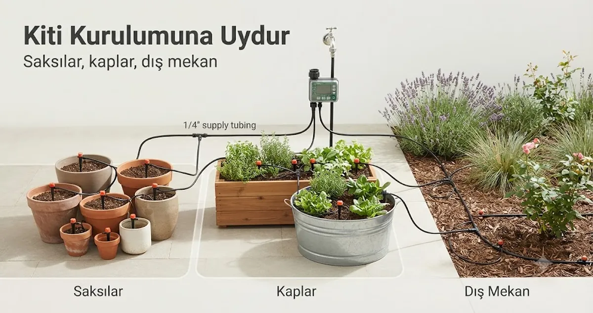 Kurulum uyumluluğunu göstermek için saksılara, kaplara ve dış mekan bitkilerine bağlanmış otomatik sulama kiti