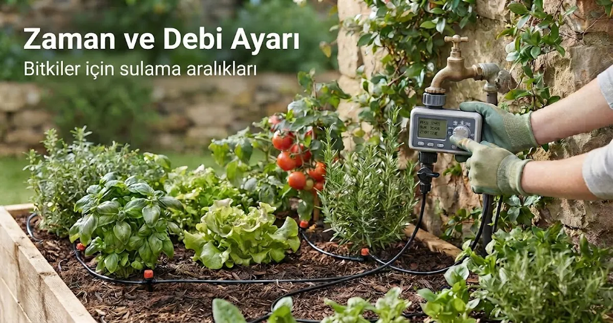 Bitki sulama aralıkları için ayarlanan otomatik sulama kiti zamanlayıcısı ve debi kontrolleri