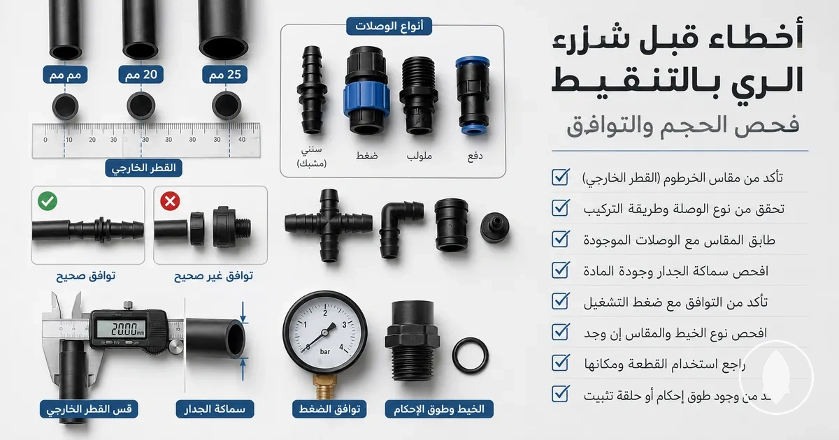 فحص وصلات الري بالتنقيط لتجنب أخطاء الحجم والنوع والتوافق قبل الشراء