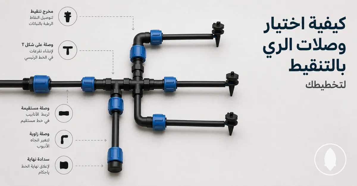 اختيار وصلات الري بالتنقيط ضمن تخطيط شبكة ري مع فروع وخطوط رئيسية