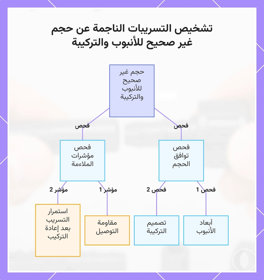 تشخيص التسريبات الناجمة عن حجم غير صحيح للأنبوب والتركيبة