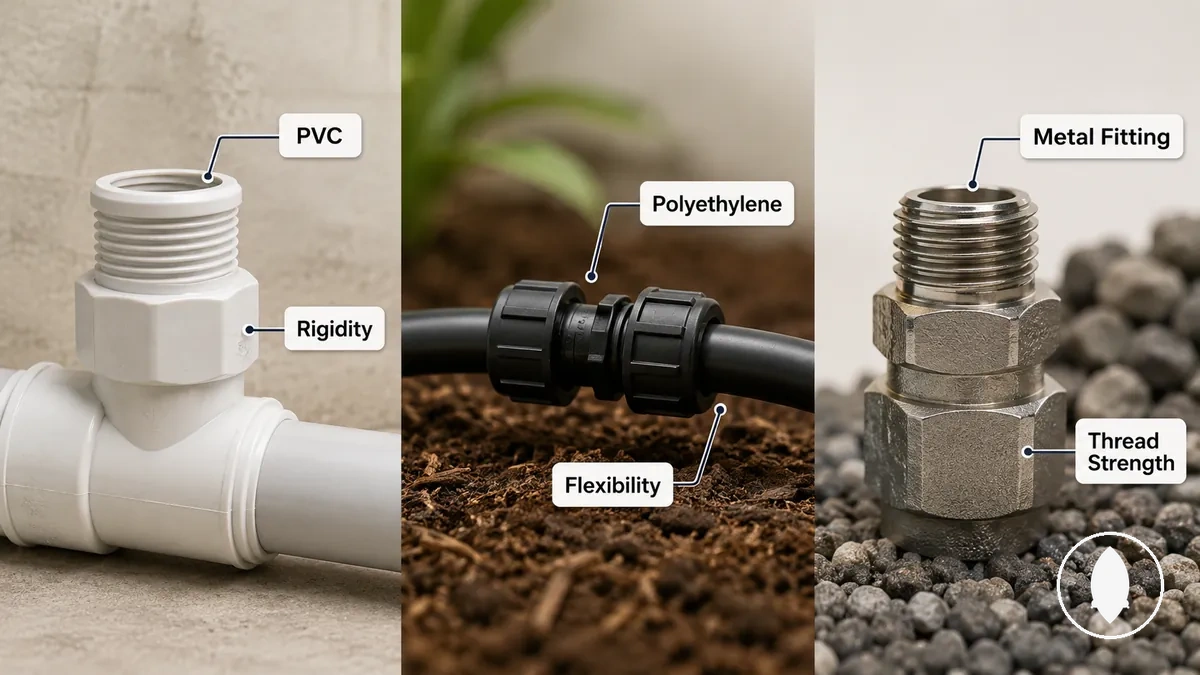 وصلات PVC وبولي إيثيلين ومعدن للري بالتنقيط مشروحة تظهر سياقات المواد