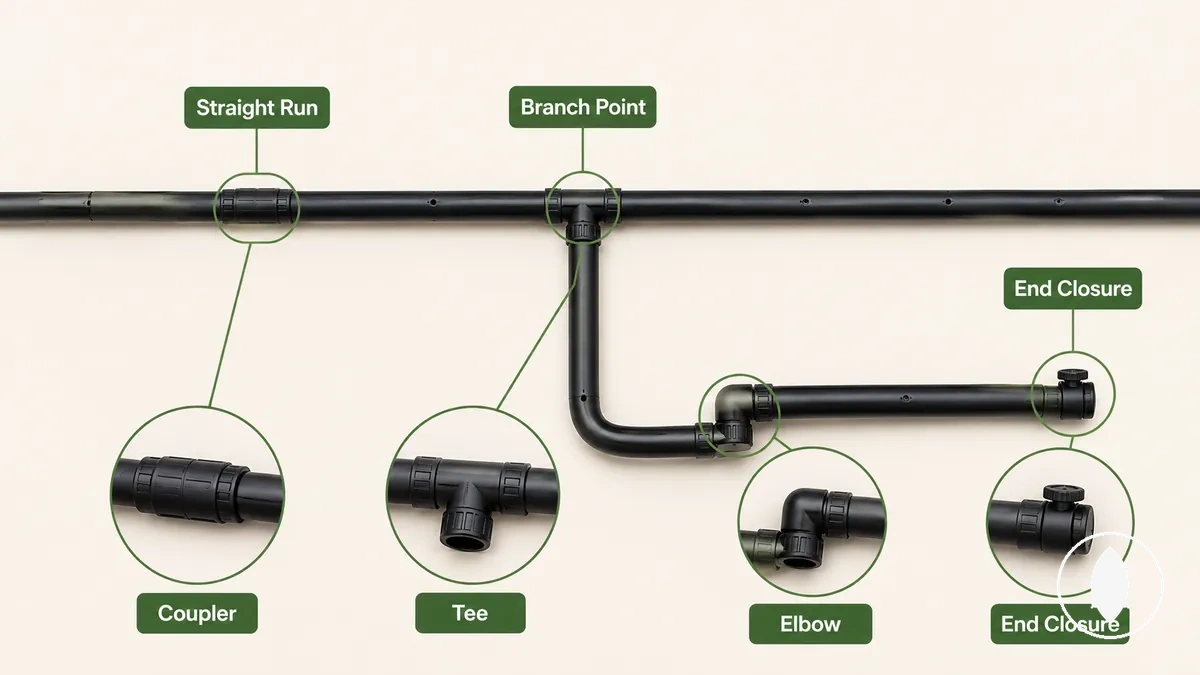 Tropfbewässerungsschlauchdiagramm mit Kennzeichnung der Verbinderpunkte für geraden Verlauf, Abzweigung, Kurve und Endverschluss