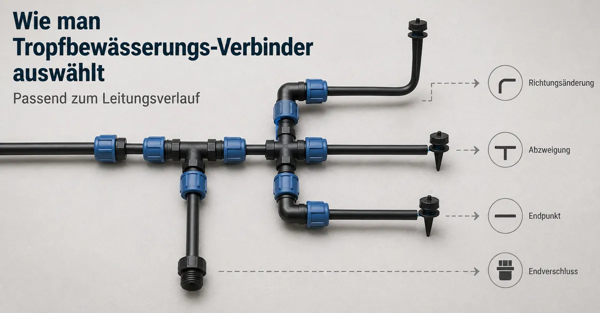 Ausgewählte Verbinder für Tropfbewässerung in einem klaren Leitungsverlauf mit Abzweigen und Endpunkten