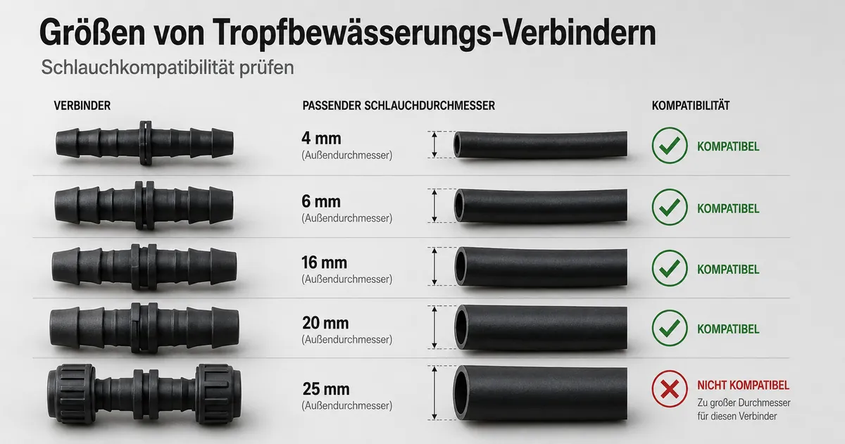 Verbinder für Tropfbewässerung im Abgleich mit Schlauchgrößen zur Prüfung der Passgenauigkeit