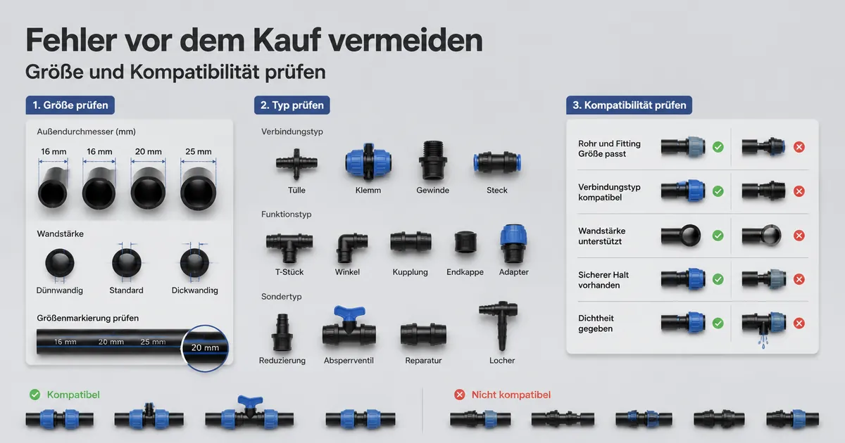 Tropfbewässerungs-Verbinder zur Prüfung von Größe, Typ und Kompatibilität vor dem Kauf