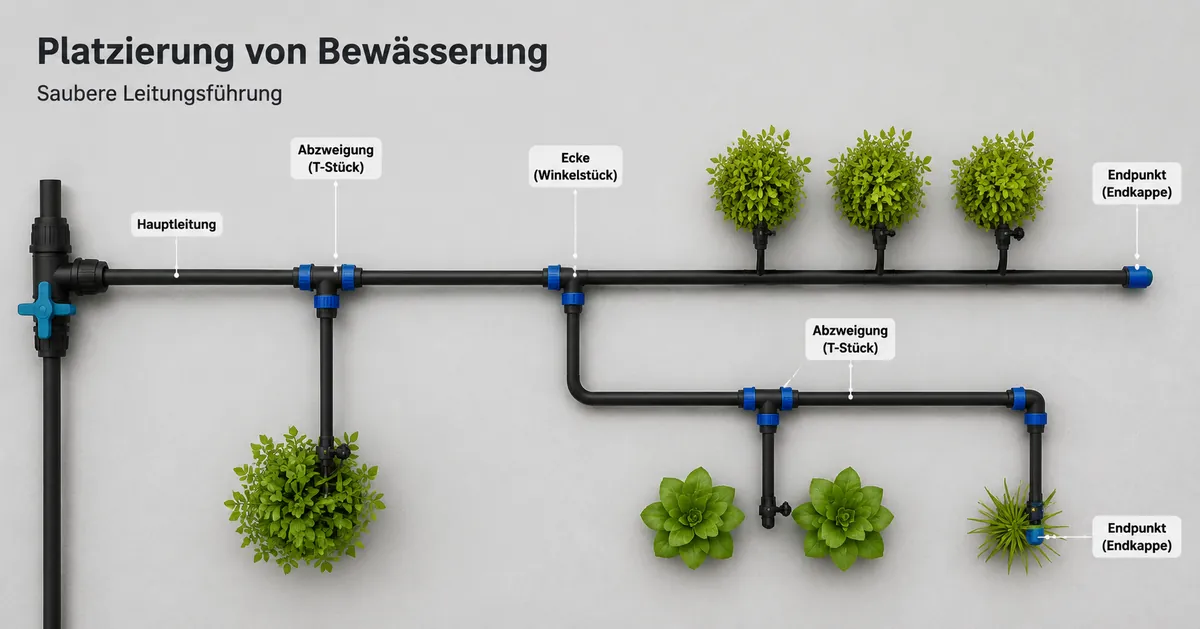 Tropfbewässerungs-Verbinder an Abzweigen, Ecken und Endpunkten einer sauberen Leitungsführung