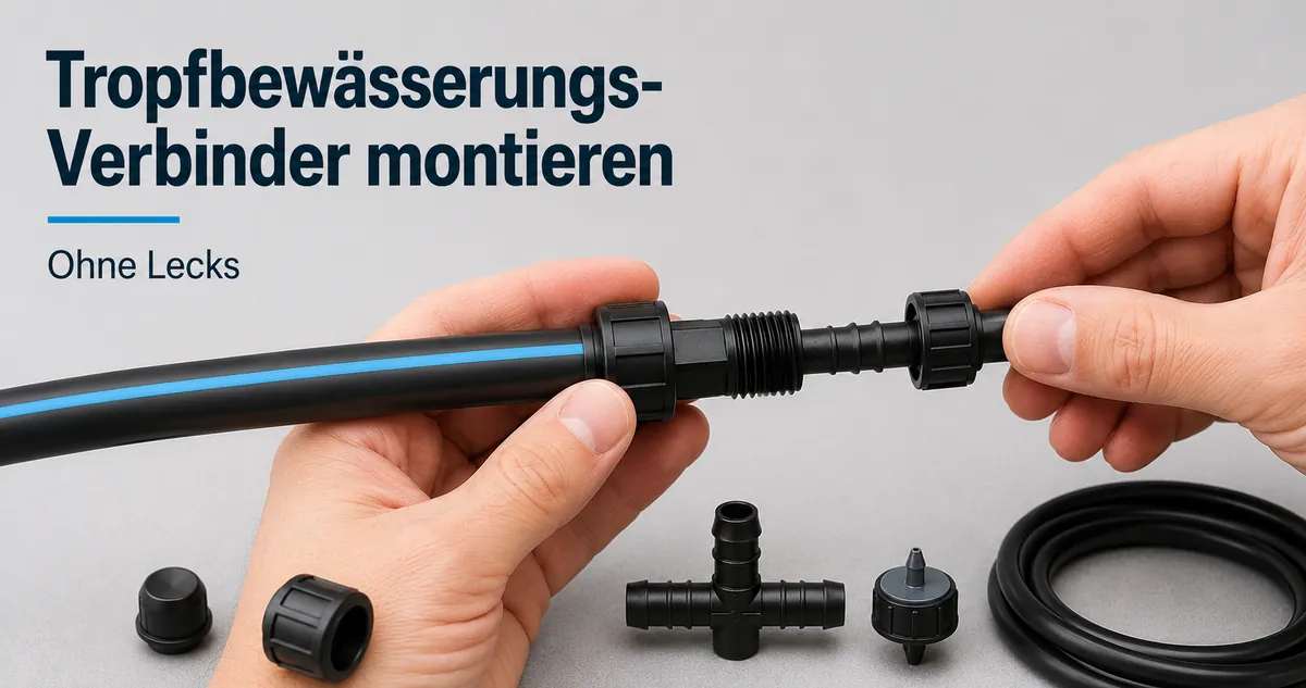Hände setzen Tropfbewässerungs-Verbinder in ein Rohr ein, um Undichtigkeiten zu vermeiden