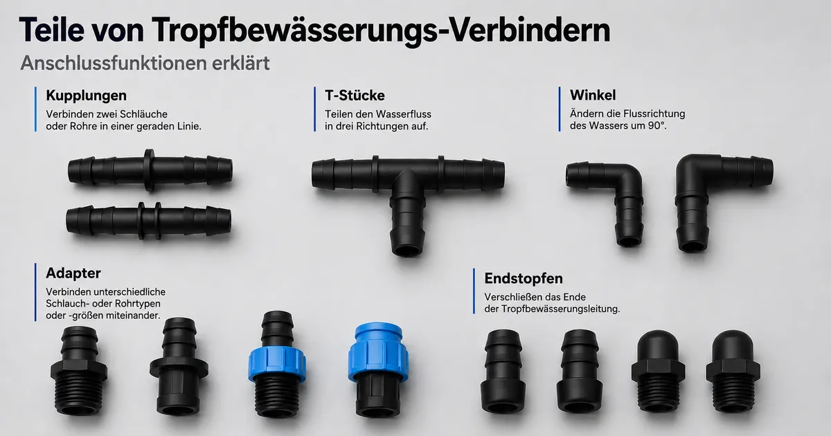 Teile von Tropfbewässerungs-Verbindern wie Kupplungen, T-Stücke, Winkel, Adapter und Endstopfen