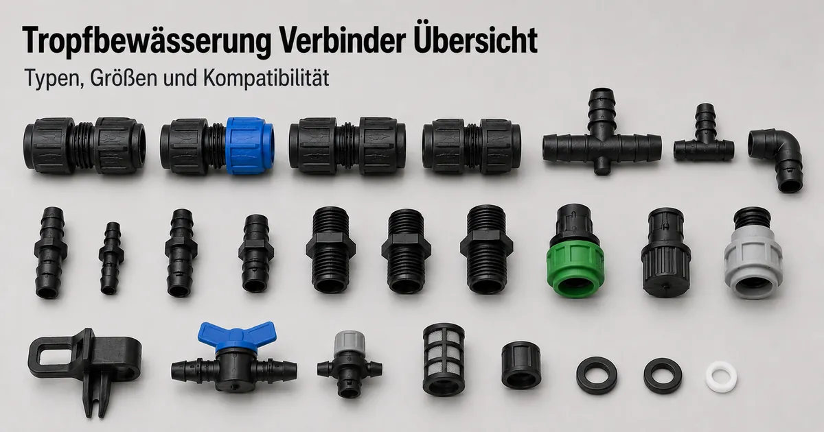 Sortierte Verbinder für Tropfbewässerung mit verschiedenen Anschlussarten und Schlauchverbindungen