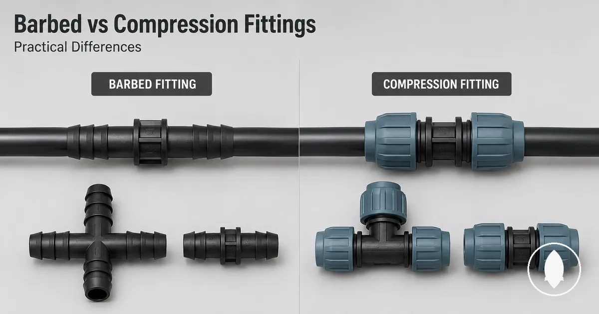 Barbed and compression drip irrigation fittings shown side by side for comparison