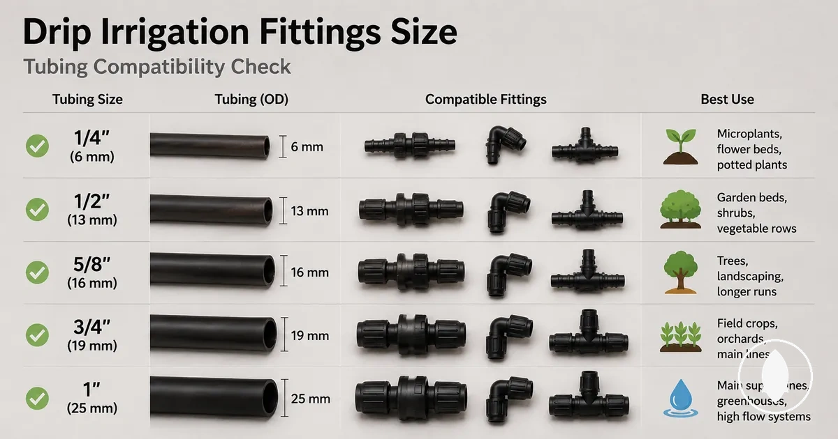 Drip irrigation fittings selected for a simple tubing layout with branches and end closures