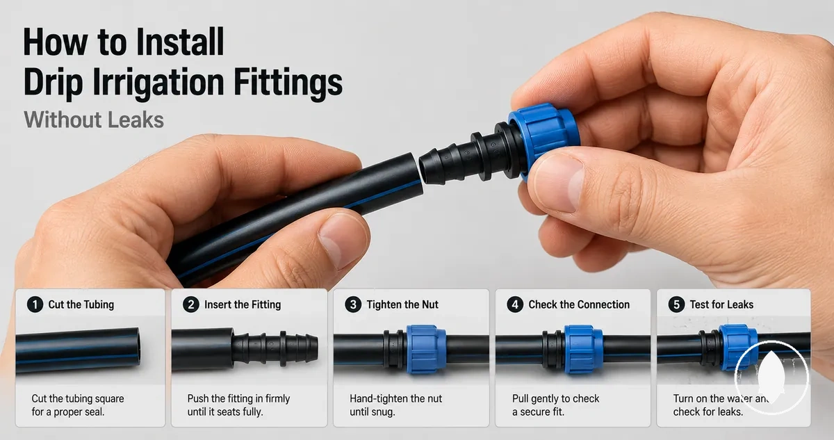 Hands installing drip irrigation fittings into tubing to prevent leaks