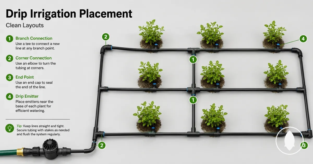 Drip irrigation fittings placed at branches, corners, and end points in a clean tubing layout
