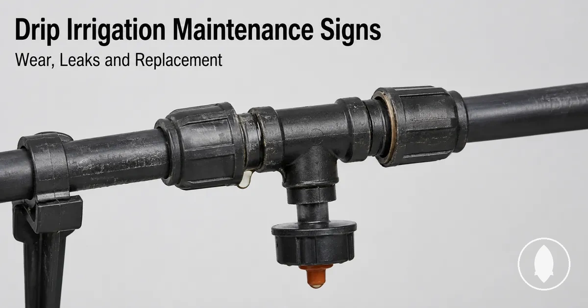 Drip irrigation fittings being inspected for wear, leaks, and replacement signs