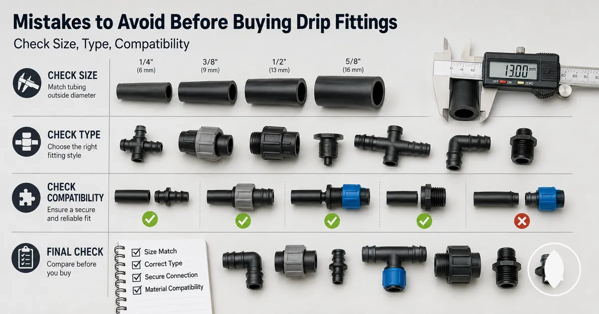 Drip irrigation fittings laid out for checking size, type, and connection mistakes before buying