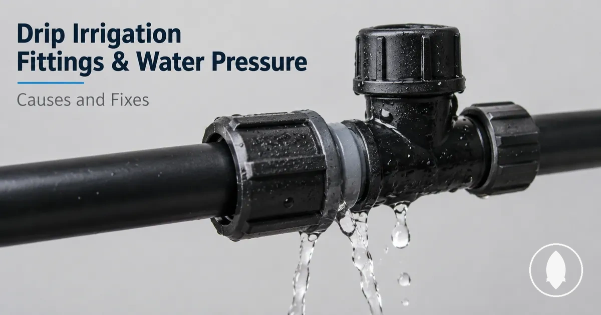 Drip irrigation fittings connected near tubing where water pressure problems can cause leaks