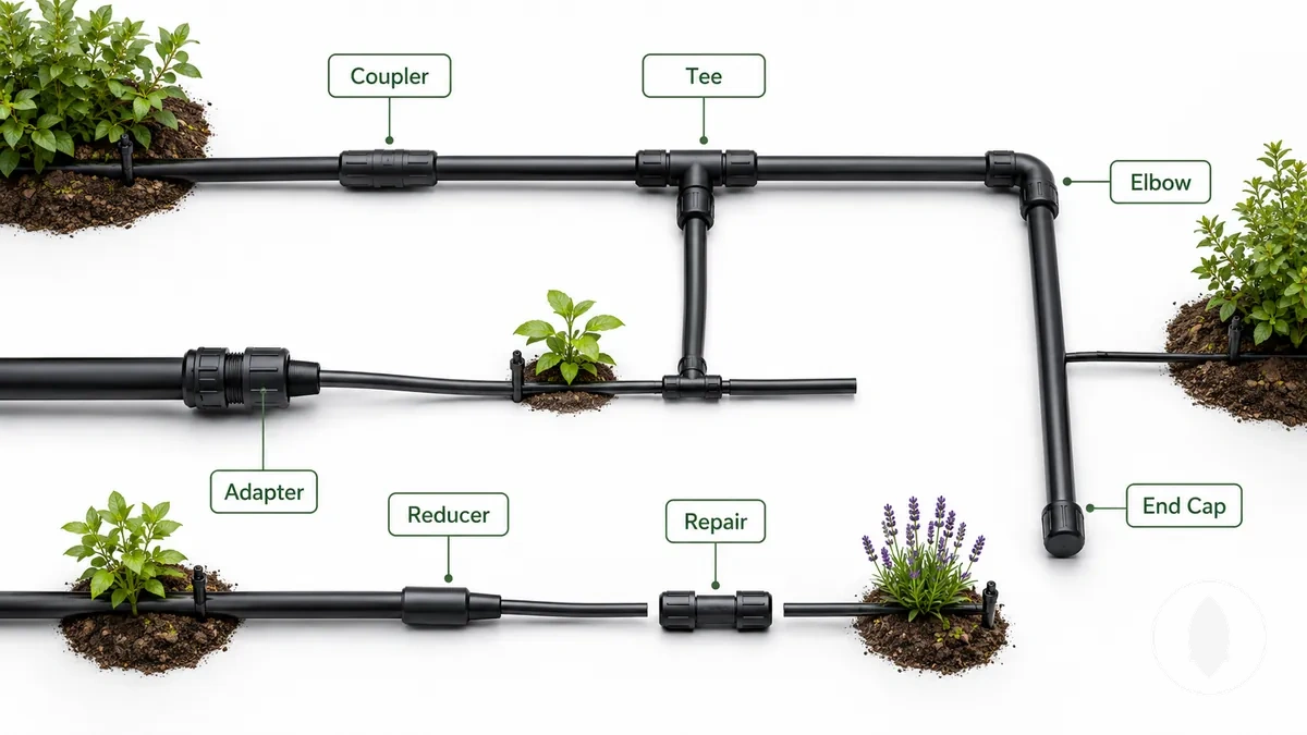 Drip irrigation fitting shapes labeled by branch, corner, endpoint, and adapter function