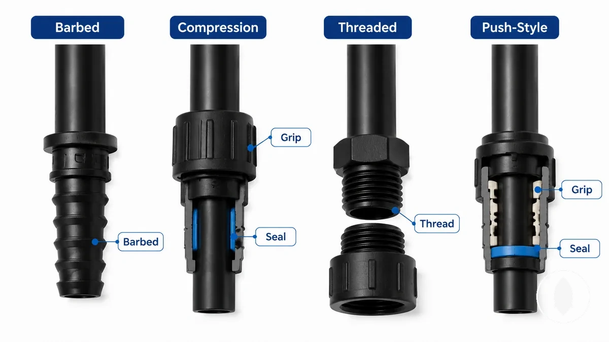 Drip irrigation fitting styles compared by connection method