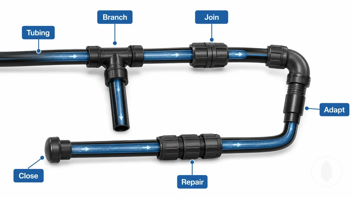 Drip irrigation fittings connected to tubing showing their role in joining and branching a watering line