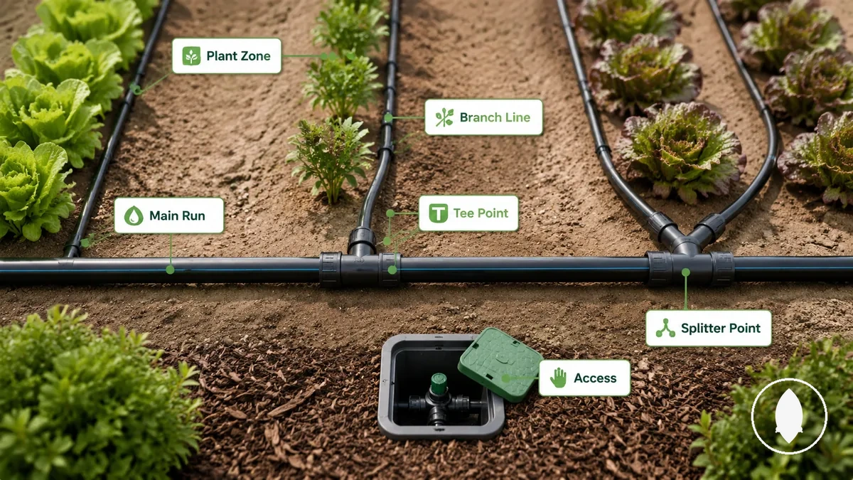 Annotated drip irrigation branch layout showing tee points, splitter points, and separate tubing routes