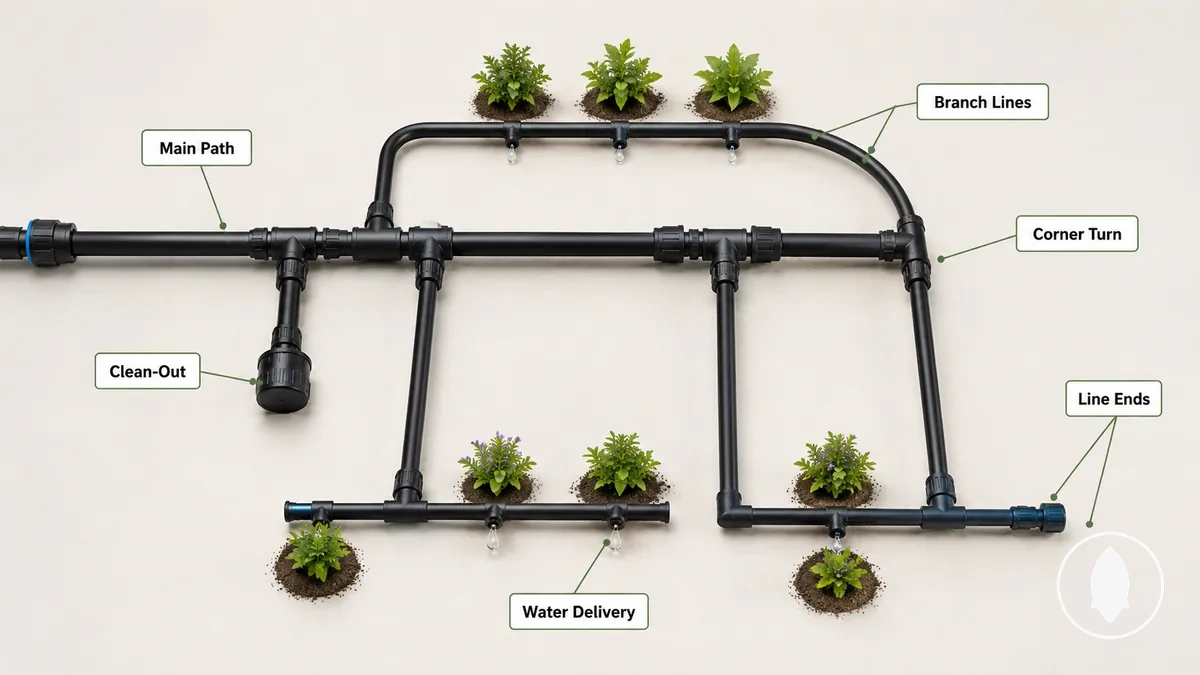 Diagram showing drip irrigation fitting placement controlling tubing direction and water delivery points