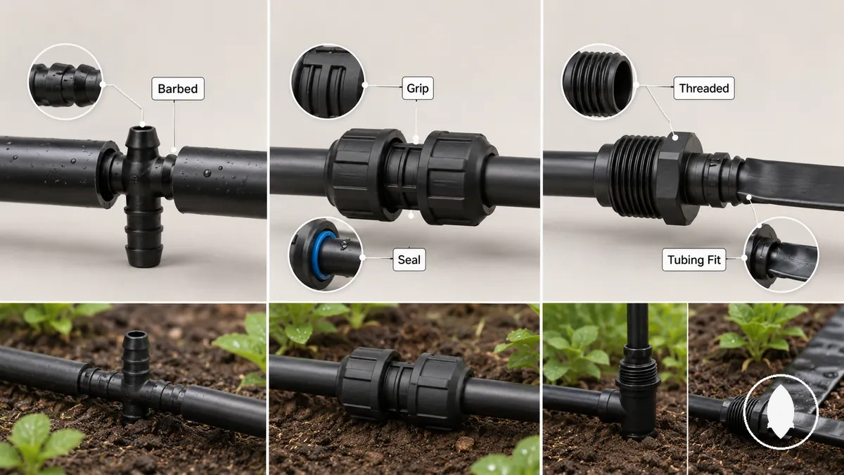 Drip irrigation fitting types showing different connection styles and tubing contexts