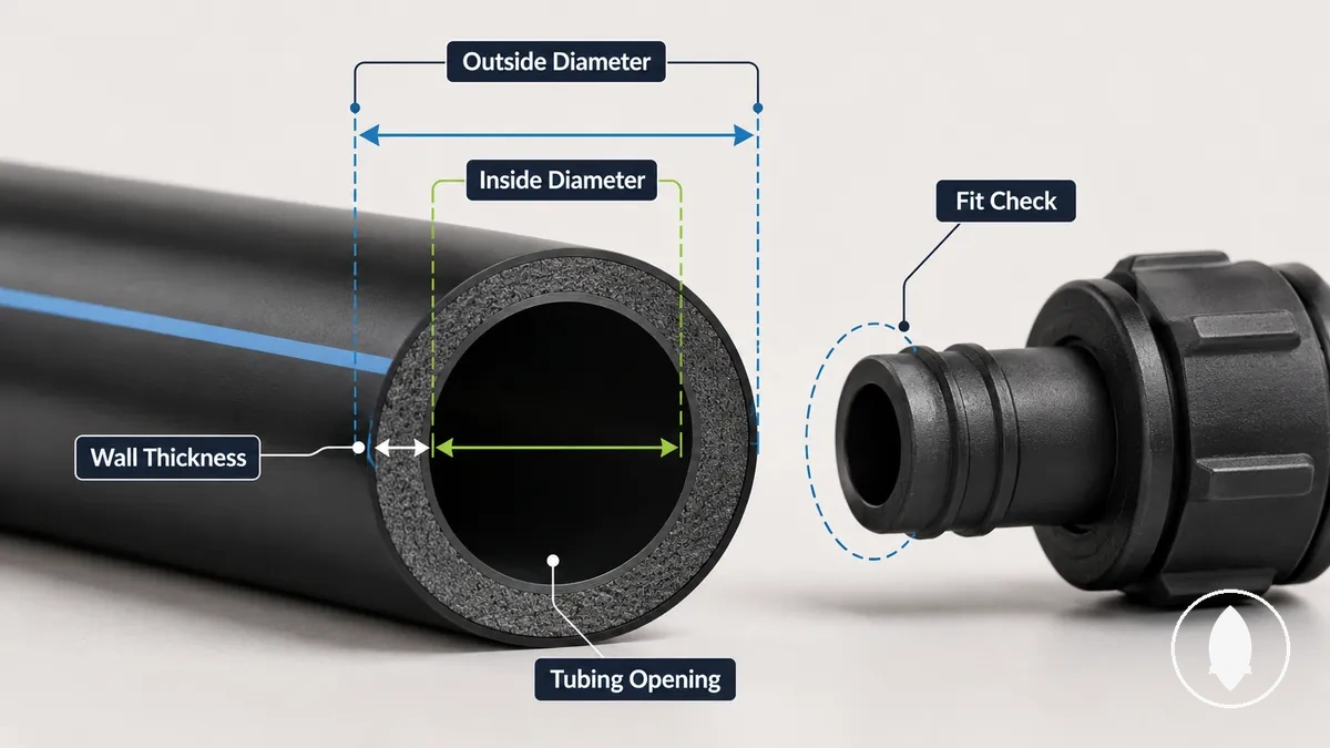 Drip tubing cross section labeled with inside diameter and outside diameter