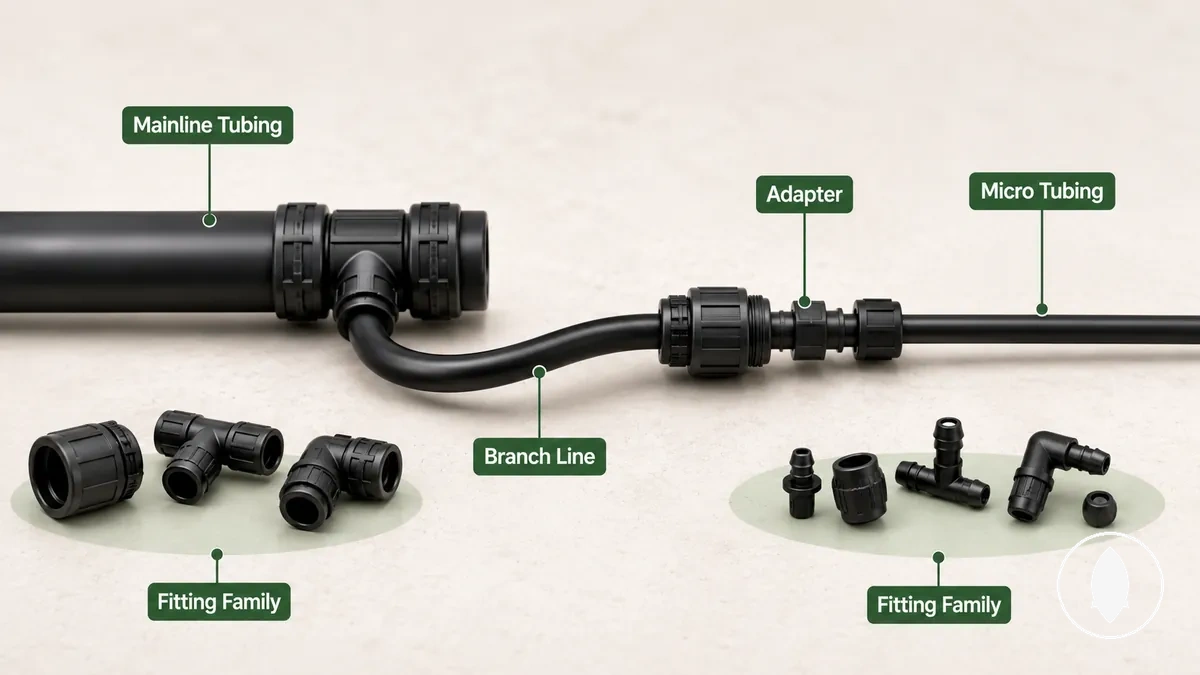 Mainline drip tubing and micro tubing shown with compatible fitting size groups
